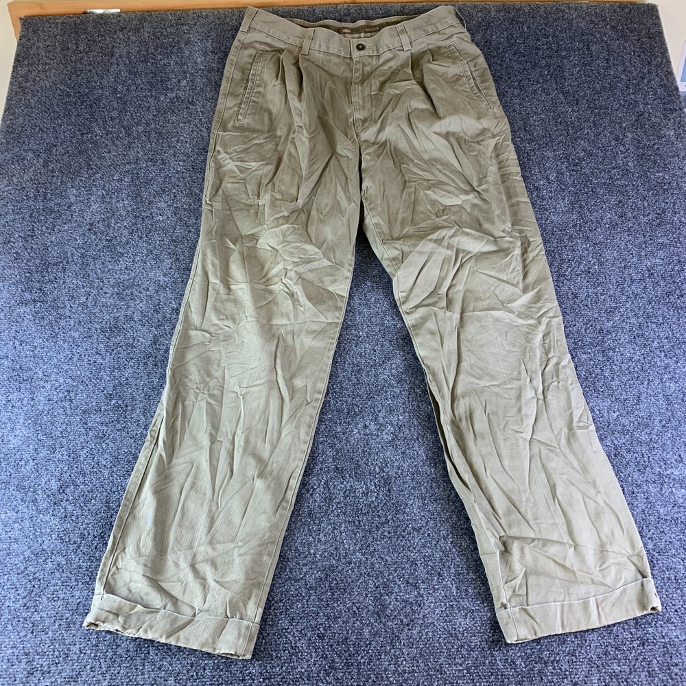 Savane Chino Pants Mens 32x30.5 khaki Cotton Pleated Cuffed Hem Straight Leg